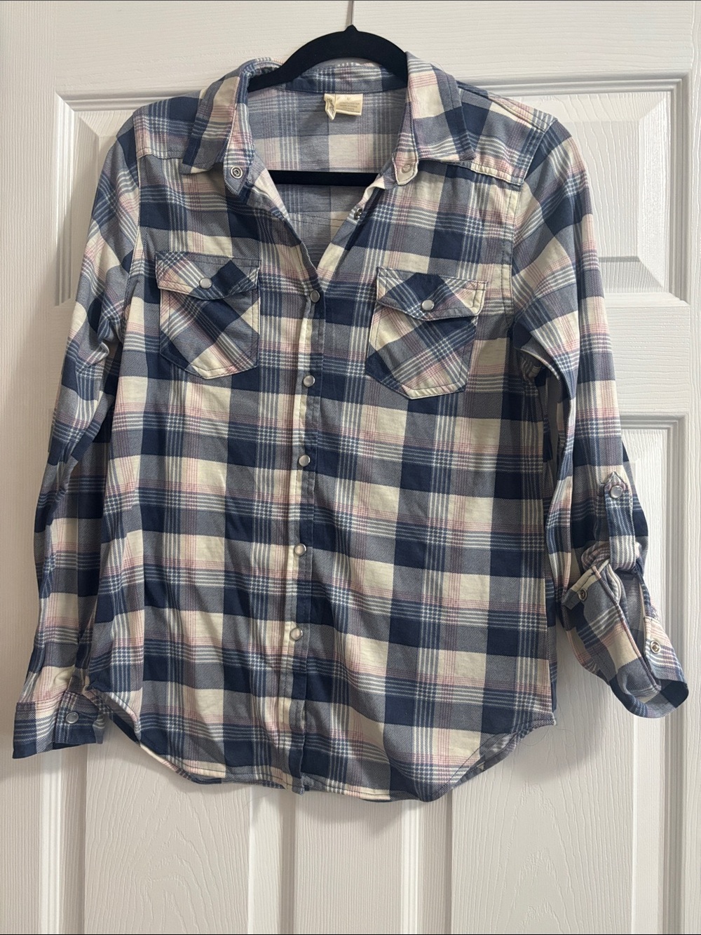 Juniors Passport Blue White Pink Plaid Button Up Blouse Shirt Top